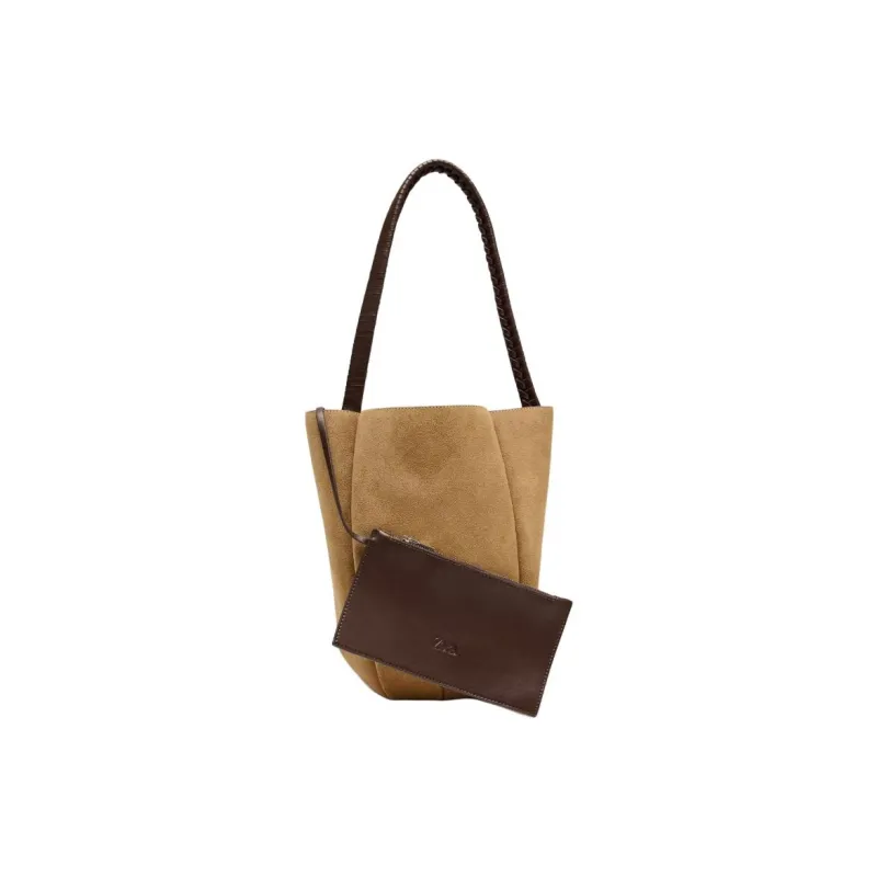 ZARA Cow Leather Bucket Bag, Shoulder Bag Large Size Women's Sand & Brown-1