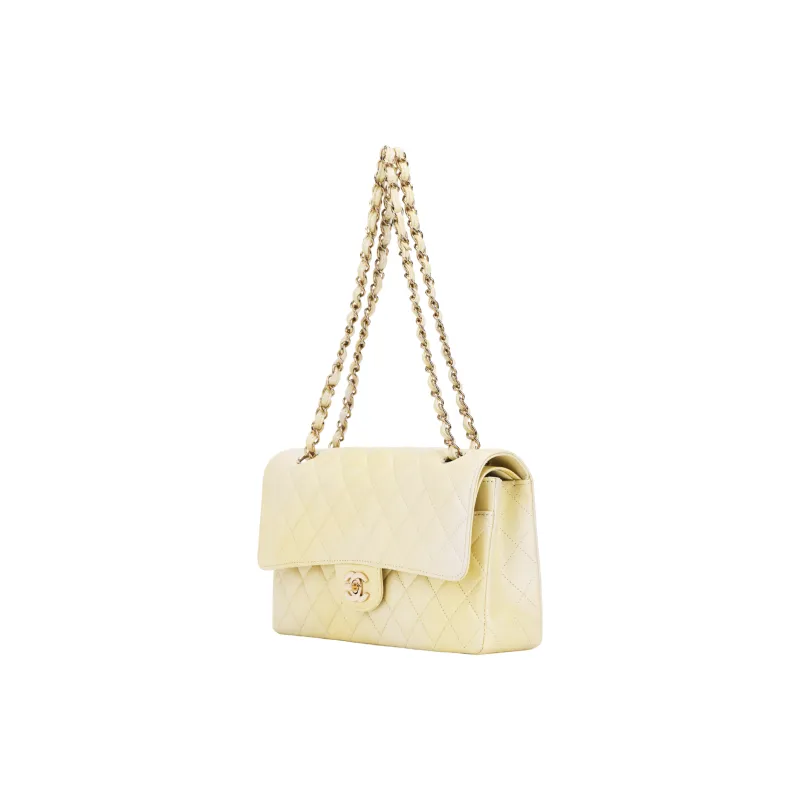 CHANEL Classic Flap CF Cloudy Pearly Goatskin Crossbody Bag, Shoulder Bag Women's Light Yellow-1