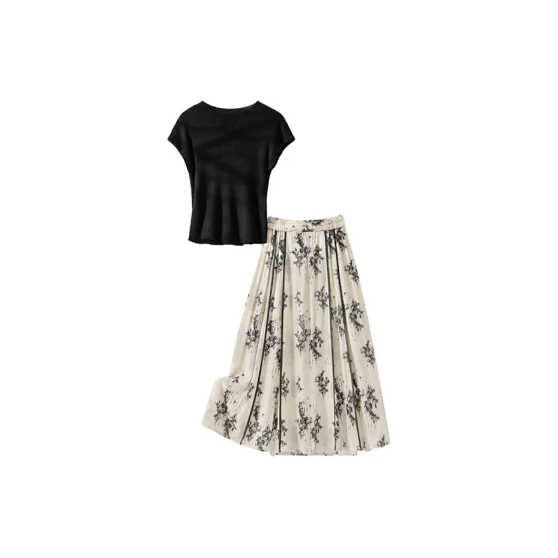 Cypress House Skirt Set Women's Black+Beige Ink Wash-1