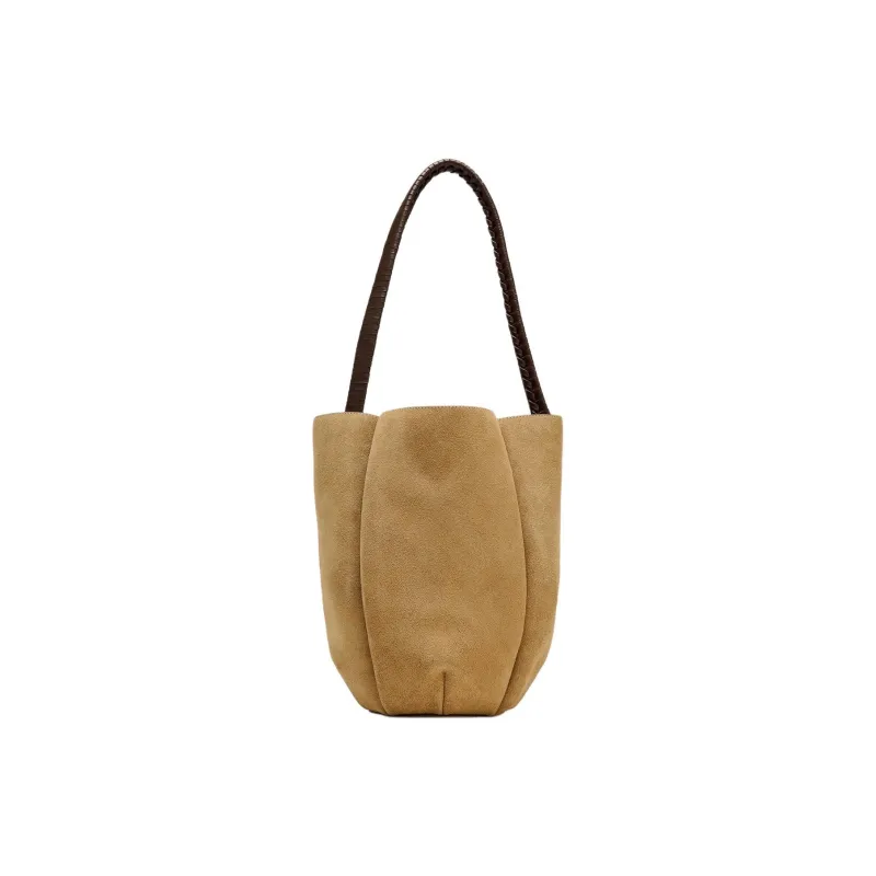 ZARA Cow Leather Bucket Bag, Shoulder Bag Large Size Women's Sand & Brown-0