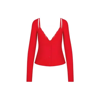 SKIMS Valentine's Day Collection SS25 SOFT LOUNGE LACE LONG SLEEVE TOP WITH BRALETTE Thermal Tops Women's CHY/Red