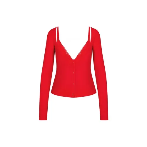SKIMS Valentine's Day Collection SS25 SOFT LOUNGE LACE LONG SLEEVE TOP WITH BRALETTE Thermal Tops Women's CHY/Red