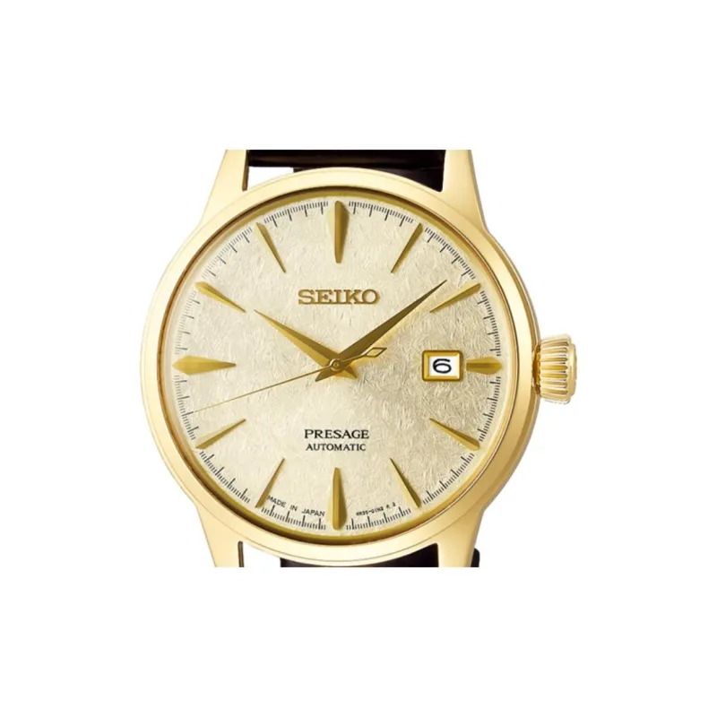 SEIKO Mechanical Movement Cowhide Strap Watch Men's Watches Gold Dial-3