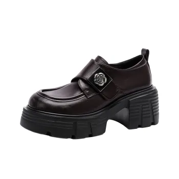 JOSINY Vintage Small Leather Shoes Fashion Versatile Loafers Heel Height 7m Women's Brown
