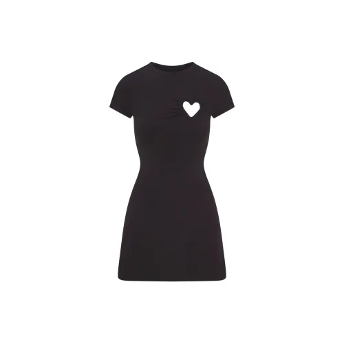 SKIMS Valentine's Day Collection SS25 COTTON JERSEY HEART MINI DRESS Short-Sleeved Dresses Women's SOOT/Smoke Gray
