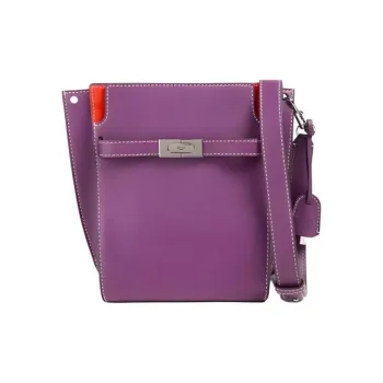 TORY BURCH Lee Radziwill Leather With Suede Trim Bucket Bag, Shoulder Bag, Crossbody Bag Women's Purple