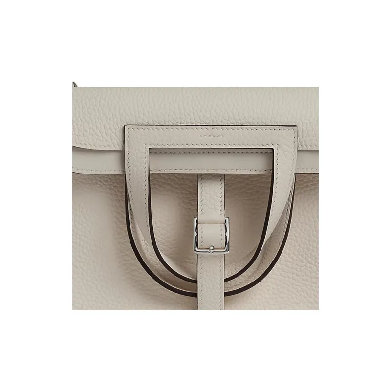 HERMES Halzan Clemence Bullock Leather Horse Shoe Bag Shoulder Bag Crossbody Bag Handbag Women's 8L Beton Glacier White-4