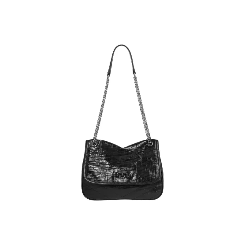 Miao Di Textured Folded Flower Top Grain Cow Leather Handbag Shoulder Bag Crossbody Bag Regular Women's Obsidian Black-4