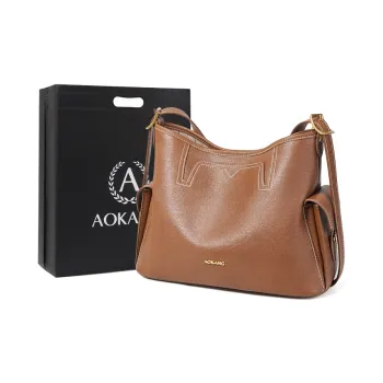 AOKANG Top Grain Cow Leather Tote Shoulder Bag Hobo Crossbody Bag Large Size Women's Sandalwood Brown/Smoke Ink Black