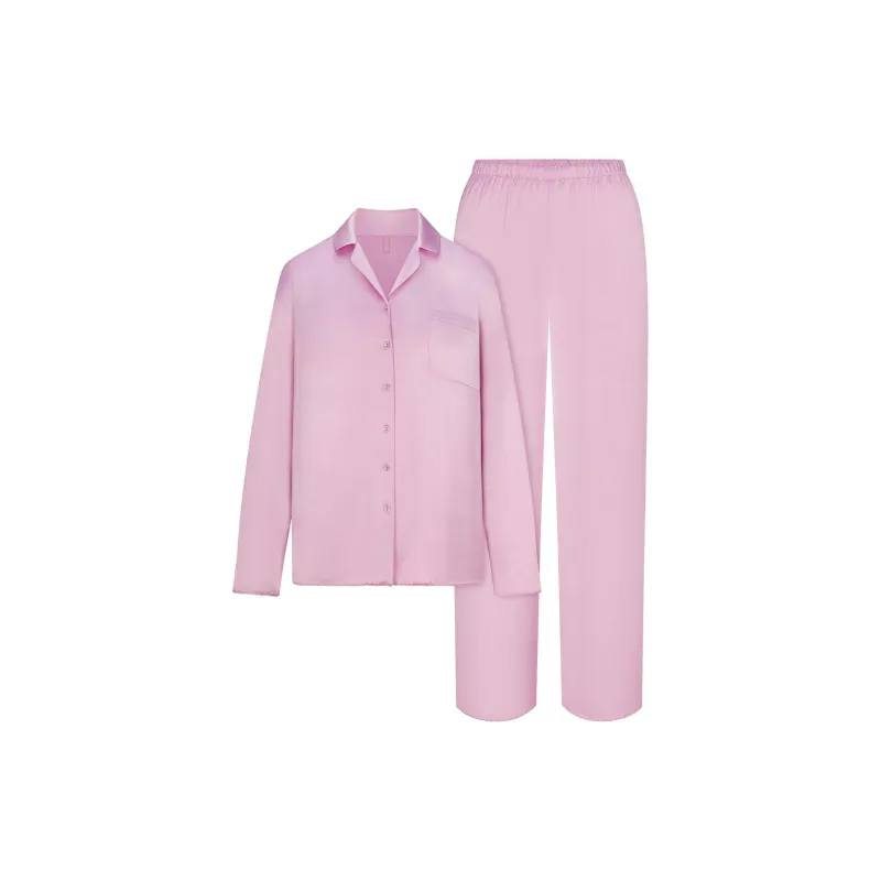 SKIMS Valentine's Day Collection SS25 WOVEN SHINE LONG SLEEP SET Pajama Set Women's Pink Rose-0