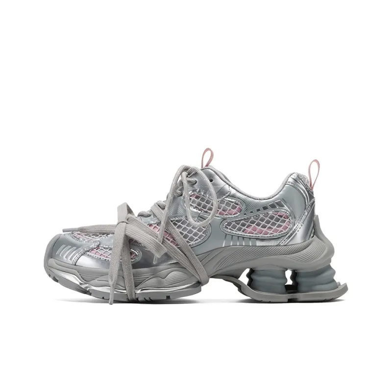 GG CC Urban Techwear Platform Casual Shoes Anti Slip Wear Resistant Low Top Distressed Chunky Sneakers Women's Silver-8