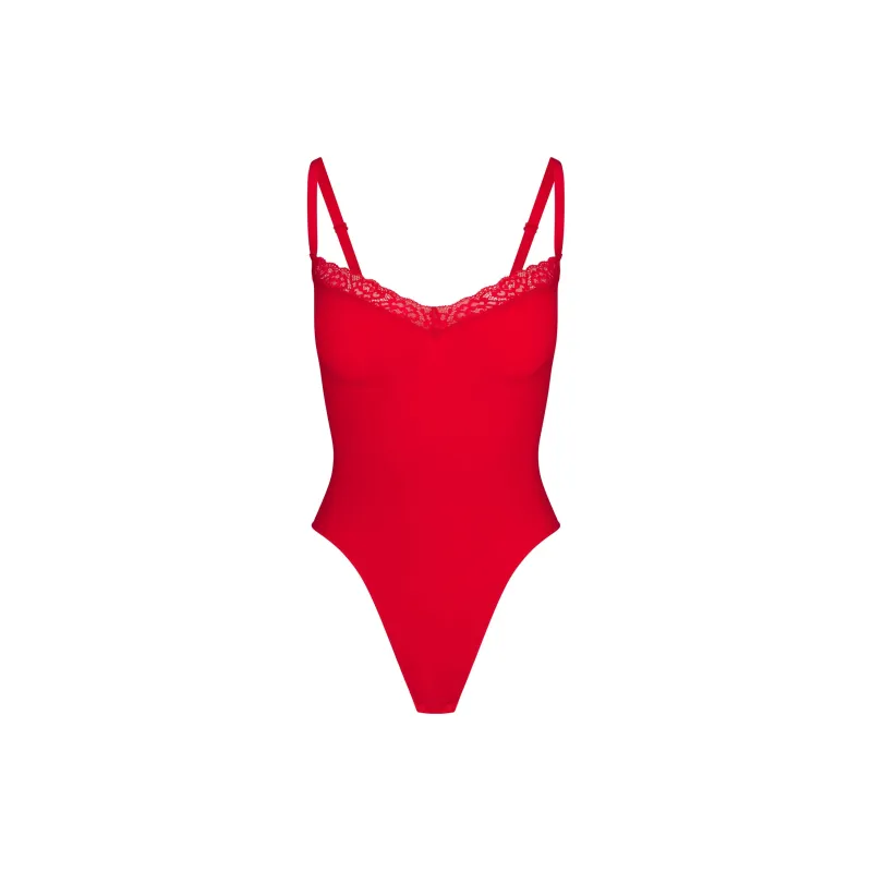 SKIMS Valentine's Day Collection SS25 SEAMLESS SCULPT LACE THONG BODYSUIT Bodysuits Women's Cayenne/Kaixuan-0