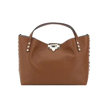 Valentino Rockstud Grained Calfskin One Shoulder Handbags Small Size Women's Brown