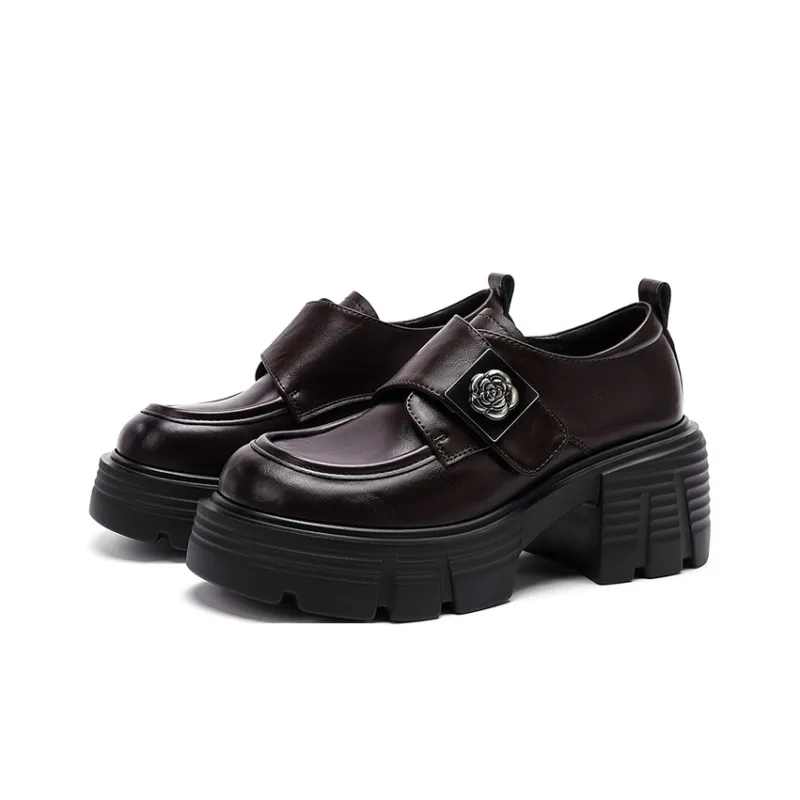 JOSINY Vintage Small Leather Shoes Fashion Versatile Loafers Heel Height 7m Women's Brown-2