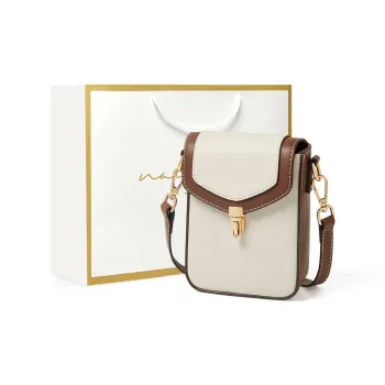 Narandu Cow Leather Cell Phone Pouch Shoulder Bag Crossbody Bag Mini Women's Cheese White & Coffee