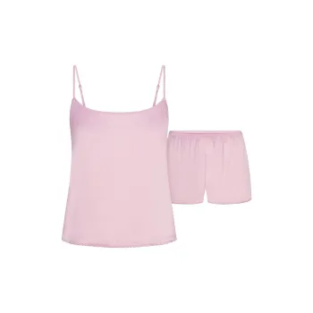 SKIMS Valentine's Day Collection SS25 WOVEN SHINE CAMI AND SHORT SLEEP SET Pajama Set Women's PINK ROSE/Pink Rose
