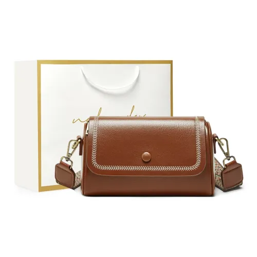 Narandu Cow Leather Patchwork Synthetic Leather Cylinder Bag Shoulder Bag Crossbody Bag Small Size Women's Brown/Black