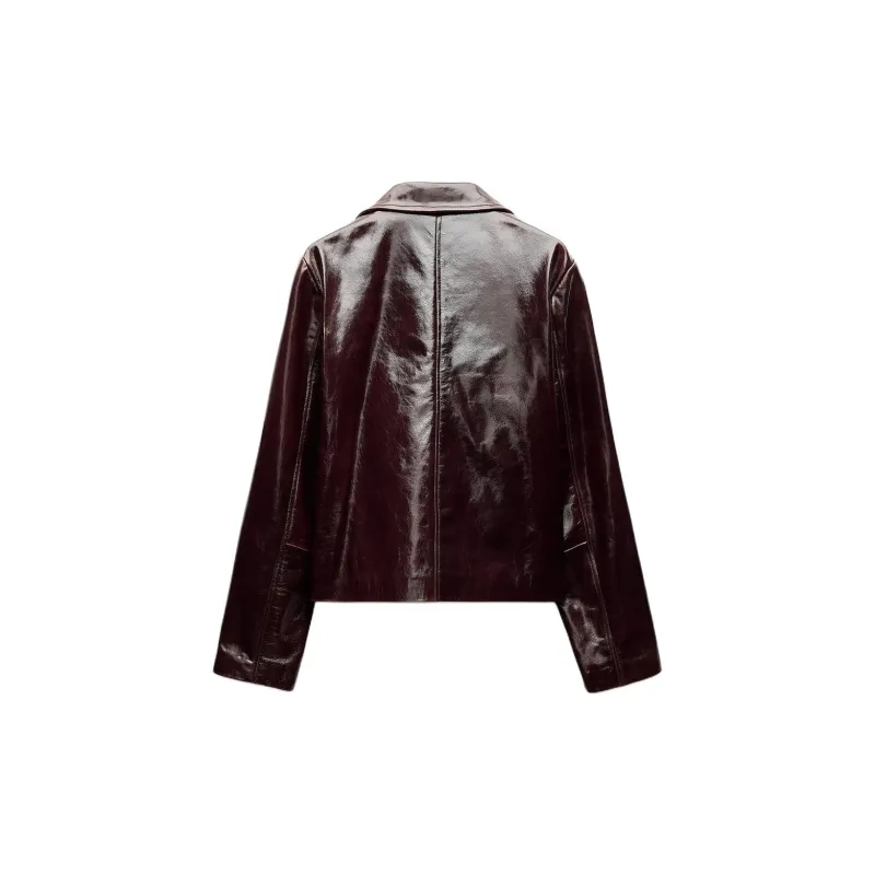 ZARA ZW Series Leather Jacket Women's Burgundy Red-1