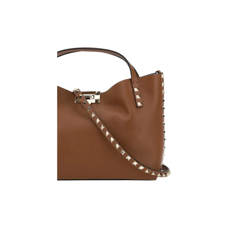 Valentino Rockstud Grained Calfskin One Shoulder Handbags Small Size Women's Brown-3