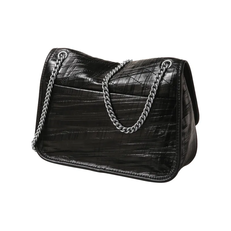 Miao Di Textured Folded Flower Top Grain Cow Leather Handbag Shoulder Bag Crossbody Bag Regular Women's Obsidian Black-3
