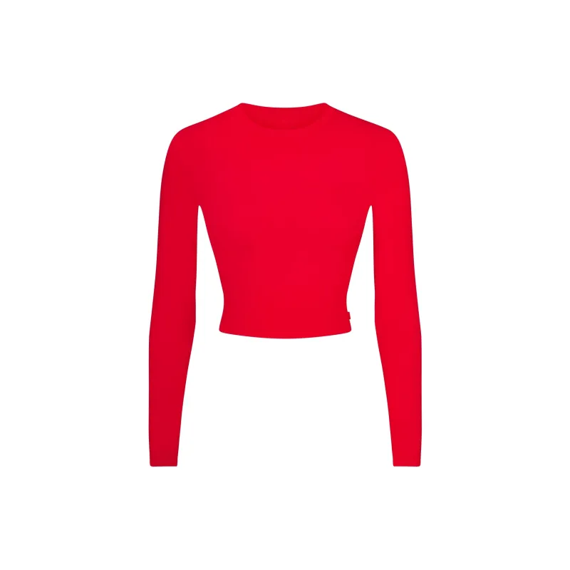 SKIMS Valentine's Day Collection SS25 SKIMS SLEEP SUPER CROPPED LONG SLEEVE Pajama Top Women's Ruby/Rubies-0