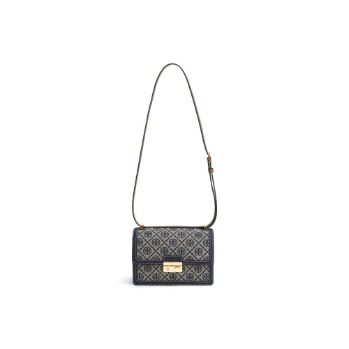 TORY BURCH T Monogram Jacquard Fabric With Leather Crossbody Bag Shoulder Bag Small Size Unisex Gray & Blue