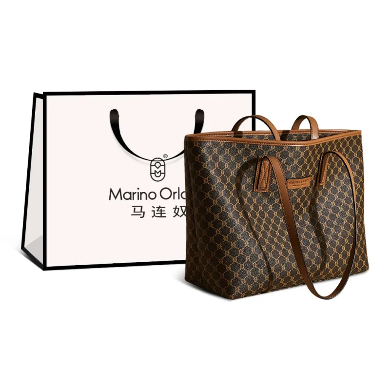 Marino Orlandi Synthetic Leather Tote Bag, Shopping Bag, Shoulder Bag Large Size Women's Khaki/Coffee-0