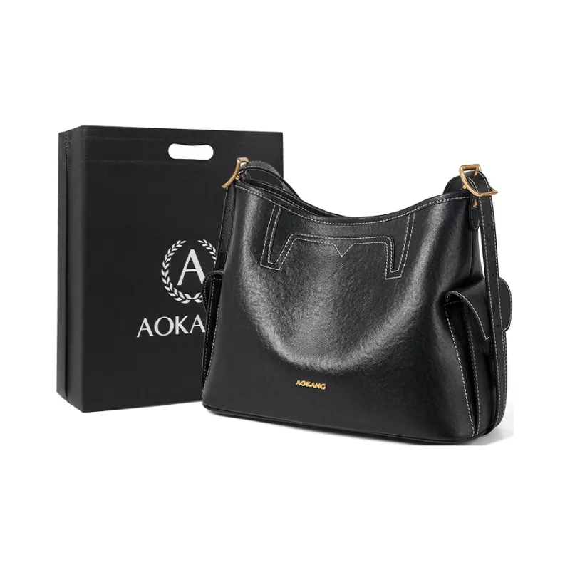 AOKANG Top Grain Cow Leather Tote Shoulder Bag Hobo Crossbody Bag Large Size Women's Sandalwood Brown/Smoke Ink Black-4