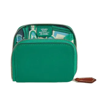 HERMES Silk'In Evercolor Calfskin Wallets Coin Purses Women's Dazzling Green With Mint And Milton Yellow