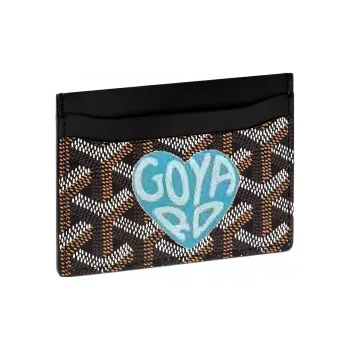 GOYARD Canvas With Calfskin Card Clip Card Holder Unisex Black With Light Blue Heart Design