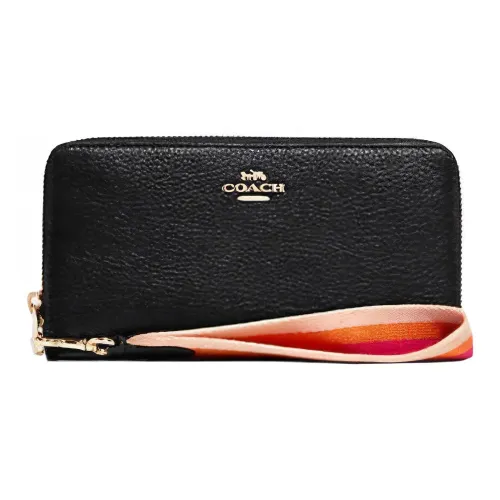 COACH Zip Around Pebbled Leather Clutch Wallet Trumpets Women's Black