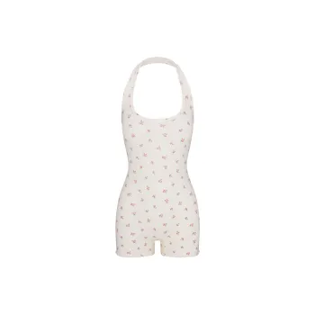 SKIMS Valentine's Day Collection SS25 LOGO POINTELLE HALTER ONESIE Lt Women's Marble Pink Rosebud Print