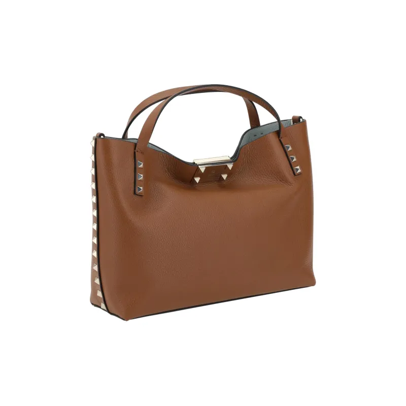Valentino Rockstud Grained Calfskin One Shoulder Handbags Small Size Women's Brown-2