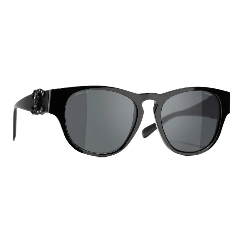 CHANEL Plate Frame Leather Oval Sunglasses Unisex Black-1