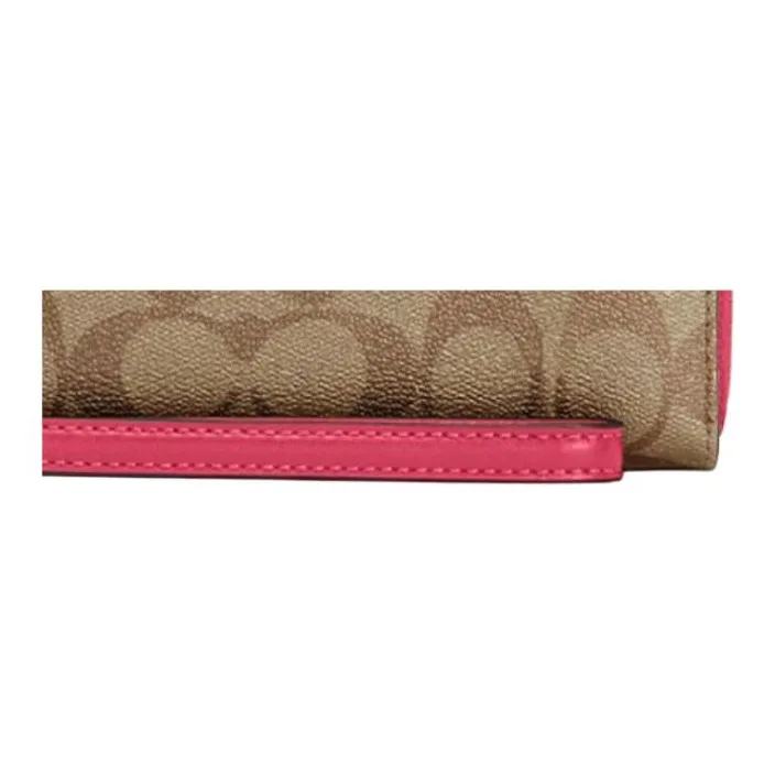 COACH Zip Around Canvas Leather Clutch Trunk Bag Wallet Women's Dark Brown With Rose Red-3