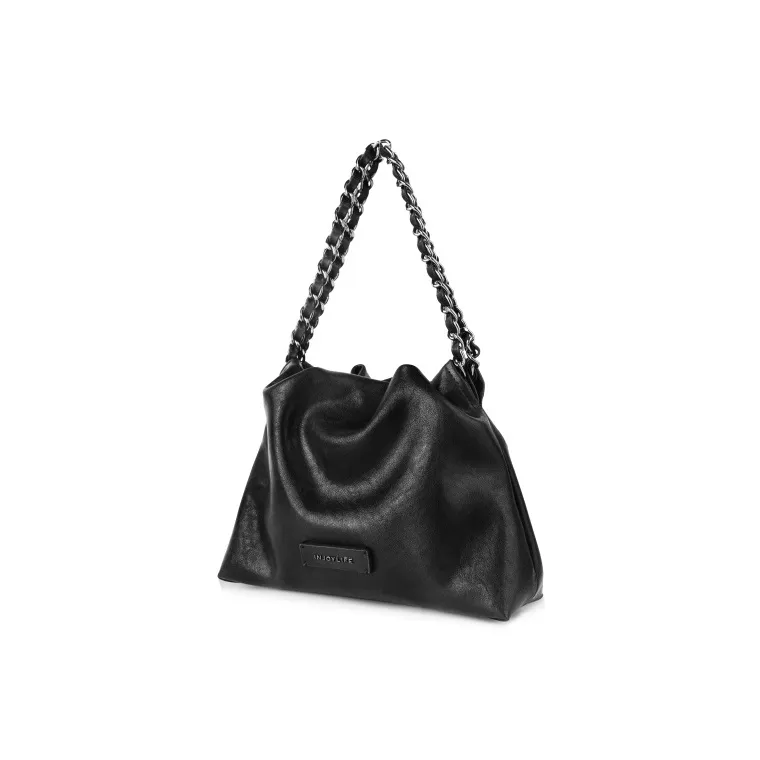 INJOYLIFE Cow Leather Trash Bag Handbag Crossbody Bag Small Size Women's Black-1