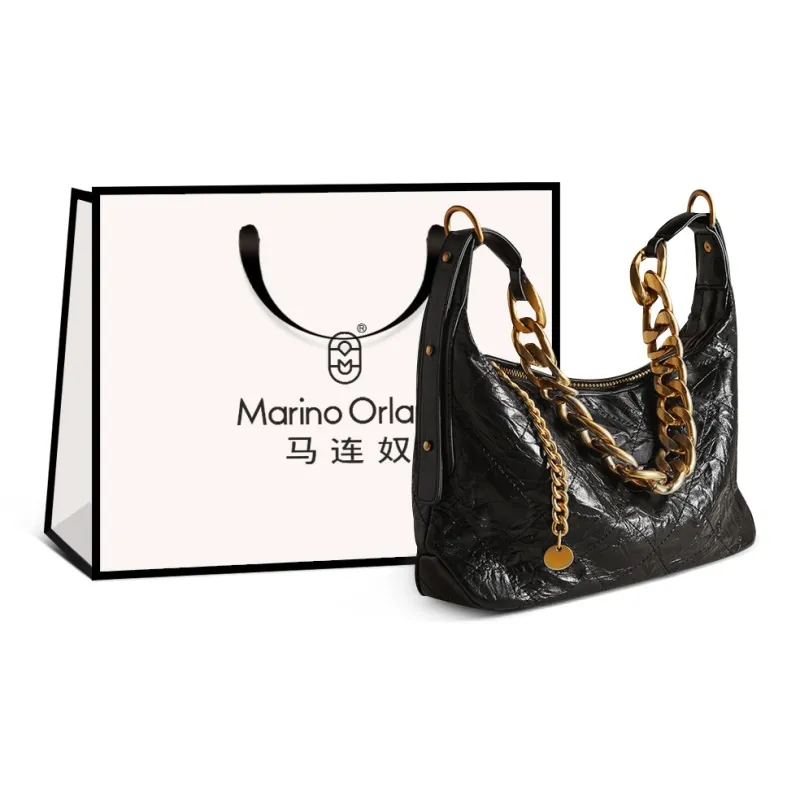 Marino Orlandi Top Grain Cow Leather Bonded Synthetic Leather Handbag Shoulder Bag Large Size Women's Black-0