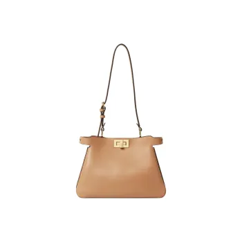 FENDI Peekaboo Calfskin Handbag Shoulder Bag Small Size Women's Beige