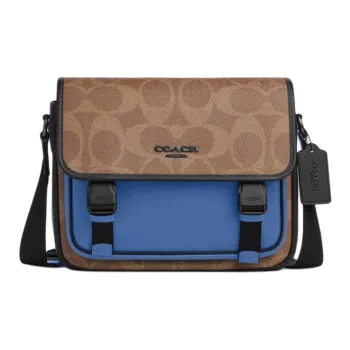 COACH RACER Artificial Leather Shoulder Bag Large Size Unisex Brown Yellow & Pacific Blue