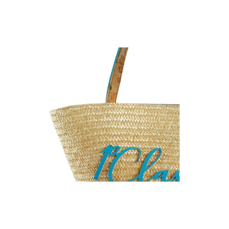 Alviero Martini Straw With PU Tote Bag Shopping Bag Shoulder Bag Handbag Medium Size Women's Turquoise-3