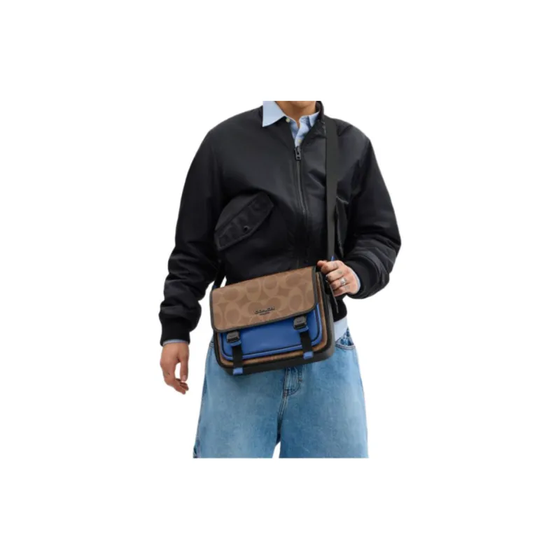 COACH RACER Artificial Leather Shoulder Bag Large Size Unisex Brown Yellow & Pacific Blue-3