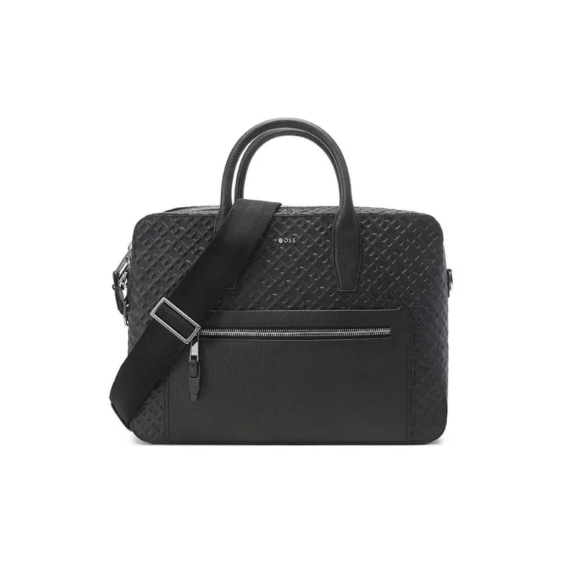 HUGO BOSS Cow Leather One Shoulder Crossbody Portable Briefcase Men's Black-0