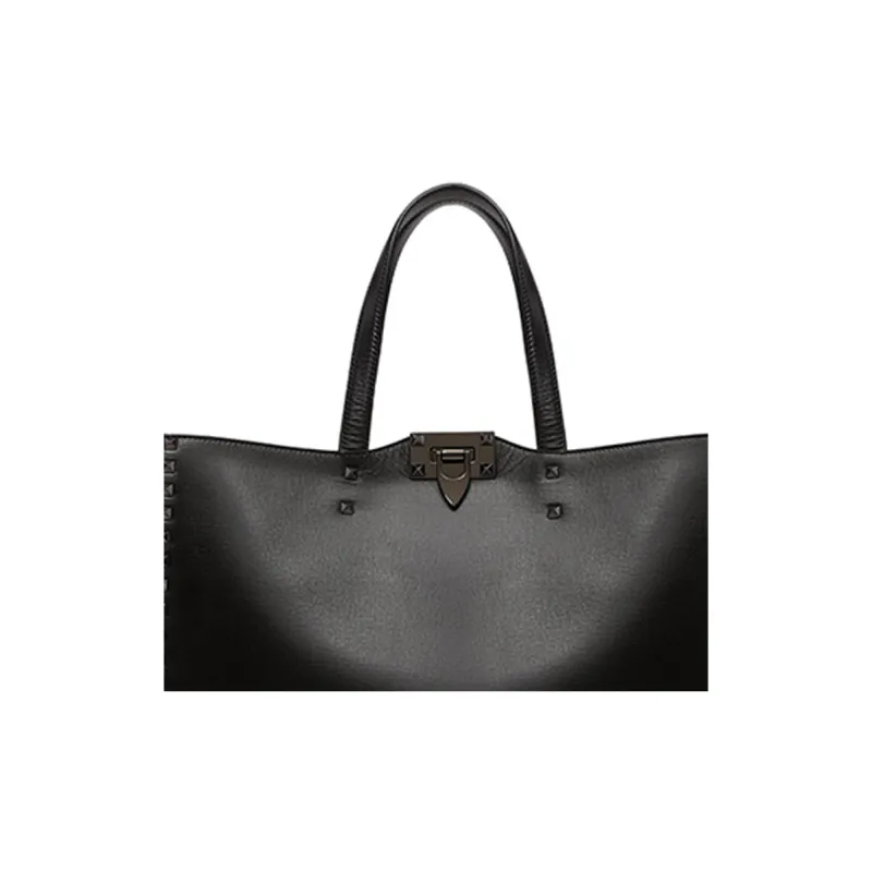 Valentino ROCKSTUD Grained Calfskin Tote Bag Shopping Bag Shoulder Bag Handbag Men's Black-3