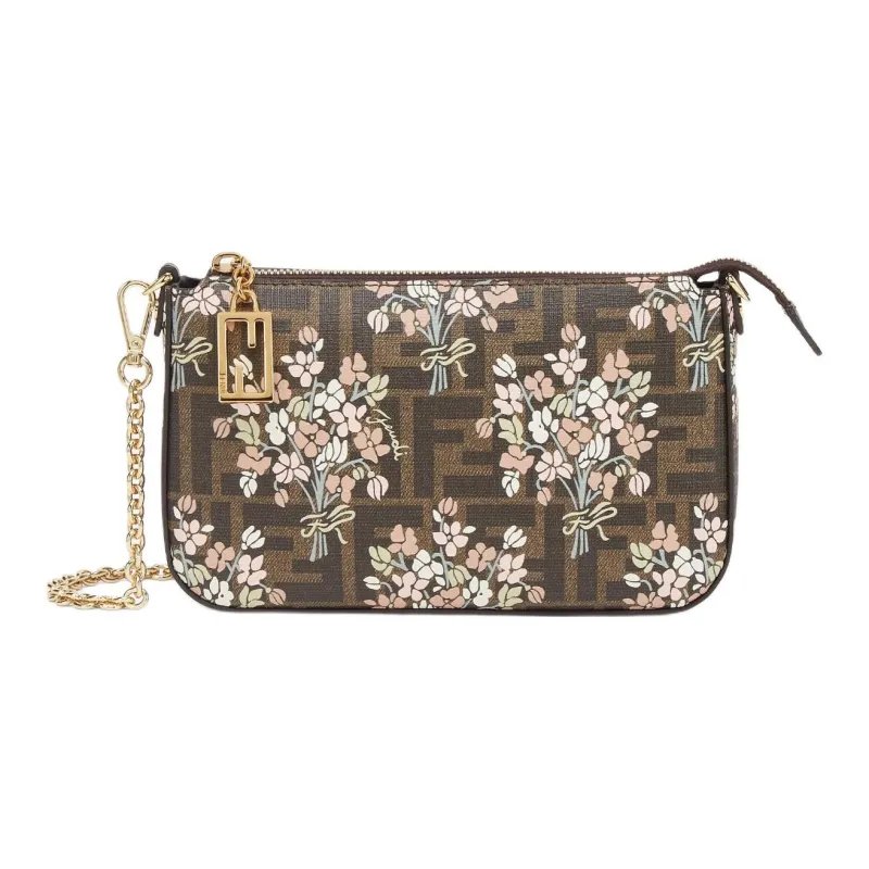 FENDI Baguette Polyurethane One Shoulder Crossbody Clutches Women's Brown-0