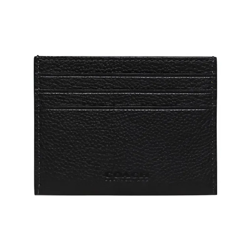 COACH Card Case Polished Pebbled Leather Coin Purse, Card Holder Mini Unisex Black-1