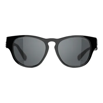 CHANEL Plate Frame Leather Oval Sunglasses Unisex Black