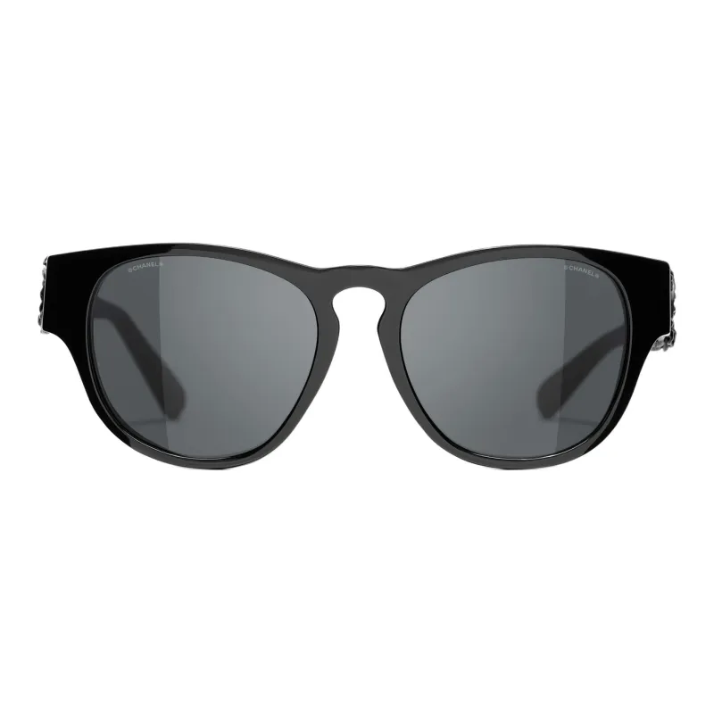 CHANEL Plate Frame Leather Oval Sunglasses Unisex Black-0