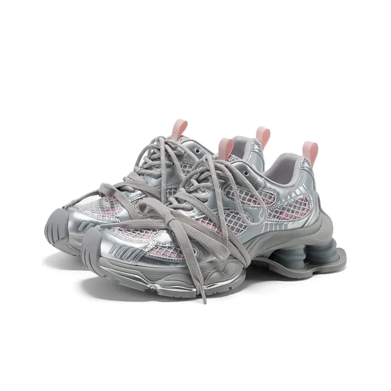 GG CC Urban Techwear Platform Casual Shoes Anti Slip Wear Resistant Low Top Distressed Chunky Sneakers Women's Silver-10