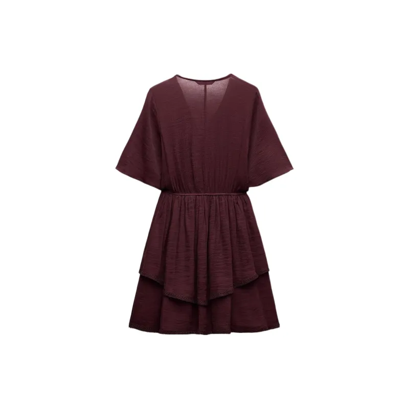 ZARA Short-Sleeved Dresses Women's Burgundy Red-1