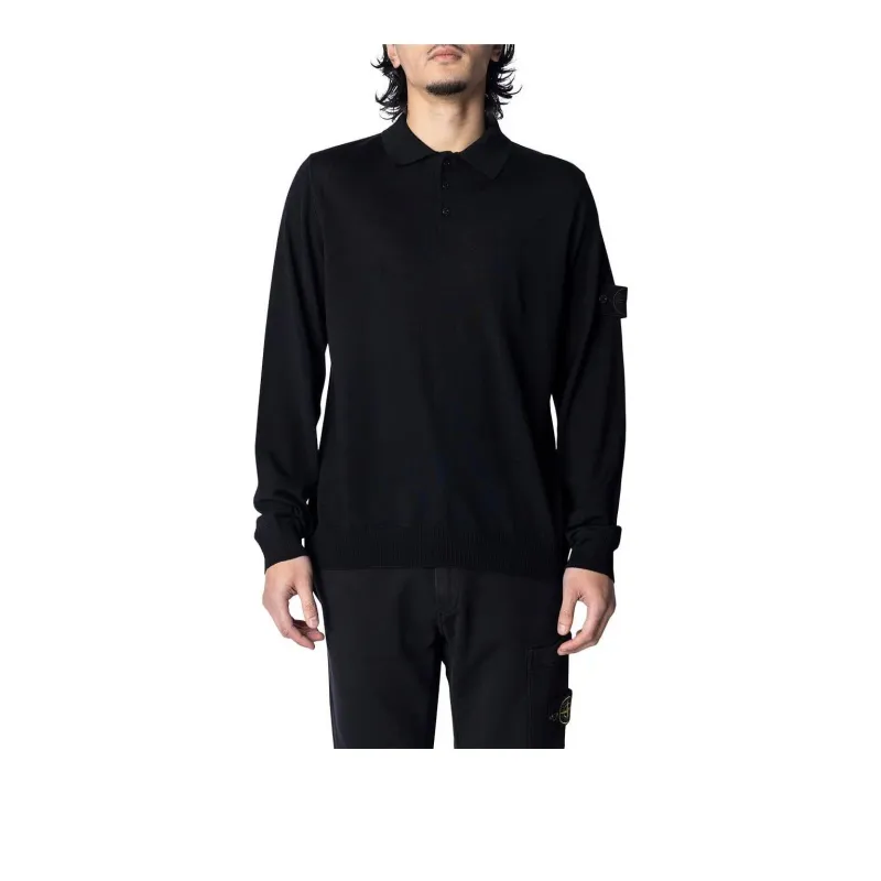 STONE ISLAND Logo Patch Long Sleeved Polo Shirt-1